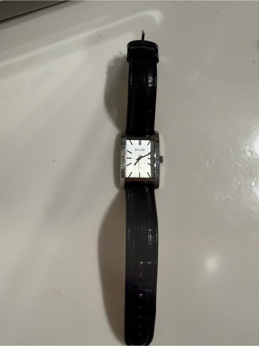 Bulova Black Leather Strap Men's Dress Watch with Silver Rectangular Case